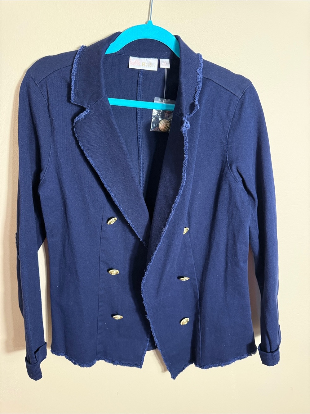 Belle by Kim Gravel Navy Double-Breasted Frayed-Edge Blazer